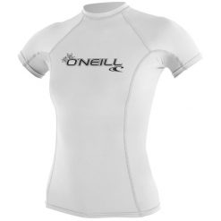 Koszulka do pływania damska O'Neill Basic Skins Rash Guard. Białe bluzki O'Neill, m, bez wzorów, sportowe, bez kołnierzyka, bez ramiączek. Za 159.00 zł.