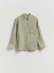 Koszula z lnem - jasnozielony. Zielone koszule Reserved, l, bez wzorów, z tkaniny, bez kołnierzyka, bez ramiączek. Za 119.99 zł.