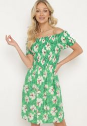 Zielona Sukienka Typu Hiszpanka w Kwiaty z Rozkloszowanym Dołem i Gumką w Pasie Ellimesa. Zielone sukienki Born2be, na lato, l, bez wzorów, z bawełny, bez kołnierzyka, bez ramiączek, mini, rozkloszowane. Za 39.99 zł.