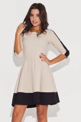 Elegancka Beżowo-Czarna Sukienka z Rękawem 3/4 z Kolorowymi Lamówkami. Brązowe sukienki Katrus, l, bez wzorów, z lycry, eleganckie, bez kołnierzyka, bez ramiączek. Za 259.00 zł.