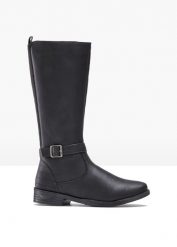 Kozaki z szeroką cholewką. Czarne kozaki bonprix, ze skóry, bez obcasa, bez zapięcia. Za 189.99 zł.