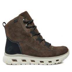 Botki Rieker. Brązowe botki Rieker, bez wzorów, bez obcasa, na płaskiej podeszwie, bez zapięcia. Za 293.99 zł.