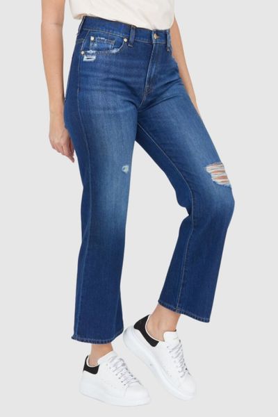 7 FOR ALL MANKIND Granatowe jeansy z rozszerzoną nogawką Riley Ankle Boot, Rozmiar 28. Niebieskie jeansy 7 for all mankind, s, bez wzorów. W wyprzedaży za 552.99 zł.