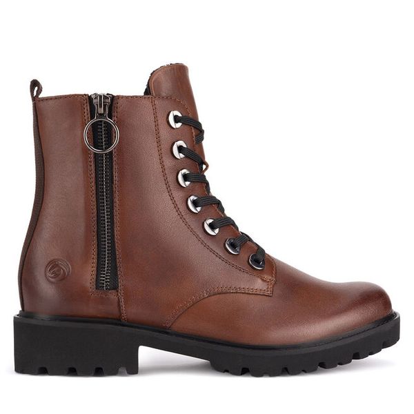 Trzewiki Remonte. Brązowe botki Remonte, bez wzorów, bez obcasa, na płaskiej podeszwie, bez zapięcia. Za 399.99 zł.