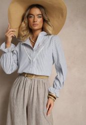 Jasnoniebieska Koszula z Bawełną Ozdobione Paskami i Falbanką Arririnea. Niebieskie koszule Renee, m, bez wzorów, z bawełny, eleganckie, bez kołnierzyka, bez ramiączek. Za 59.99 zł.