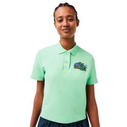 Koszulka damska Lacoste Holiday Regular Fit Organic Cotton Polo. Zielone koszulki polo Lacoste, l, z aplikacjami, z bawełny, bez kołnierzyka, bez ramiączek. Za 387.00 zł.