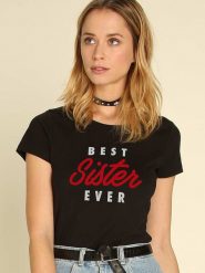 WOOOP Koszulka "Best Sister Ever" w kolorze czarnym rozmiar: L. Czarne bluzki Wooop, l, bez wzorów, z bawełny, bez kołnierzyka, bez ramiączek. Za 84.01 zł.