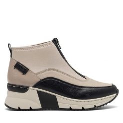 Botki Rieker. Brązowe botki Rieker, bez wzorów, bez obcasa, na koturnie, bez zapięcia. Za 329.99 zł.
