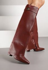 Bordowe Eleganckie Kozaki z Wywiniętą Cholewką do Kolana na Słupku Lisapa. Czerwone kozaki Renee, bez obcasa, na obcasie, bez zapięcia. Za 199.99 zł.