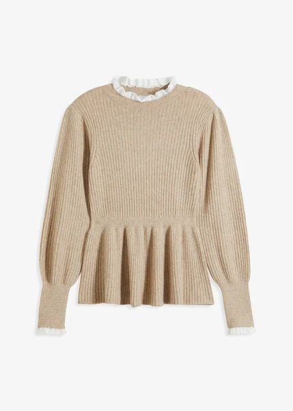 Sweter z koszulową wstawką. Szare swetry bonprix, bez wzorów, bez ramiączek. Za 124.99 zł.