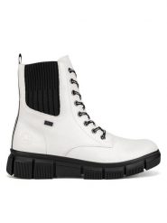 Rieker Trzewiki X3414-80 Biały. Białe botki Rieker, bez wzorów, z materiału, bez obcasa, na płaskiej podeszwie, bez zapięcia. Za 293.99 zł.