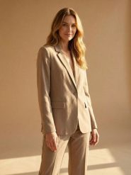 Żakiet z kieszeniami z domieszką wiskozy i lnu - beżowy. Brązowe marynarki i żakiety Sinsay, l, bez wzorów, z wiskozy. Za 79.99 zł.