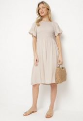 Jasnobeżowa Rozkloszowana Sukienka Bawełniana z Bufiastymi Rękawami i Elastyczną Górą Veliova. Brązowe sukienki Born2be, na co dzień, na lato, l, bez wzorów, z bawełny, eleganckie, bez kołnierzyka, bez ramiączek, rozkloszowane. Za 49.99 zł.