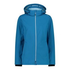 Kurtka damska turystyczna CMP 3A22226. Niebieskie kurtki sportowe CMP, l, bez wzorów, z softshellu, z kapturem, trekkingowe. W wyprzedaży za 384.99 zł.