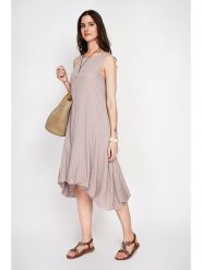 Le Jardin du Lin Lniana sukienka w kolorze kremowym rozmiar: 38. Brązowe sukienki Le jardin du lin, bez wzorów, ze lnu, z asymetrycznym kołnierzem, bez ramiączek, midi, asymetryczne. Za 130.99 zł.