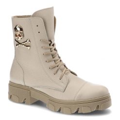 Beżowe Botki Exquisite Modne Skórzane Buty Damskie. Brązowe botki EXQUISITE, na jesień, z aplikacjami, ze skóry, bez obcasa, bez zapięcia. Za 359.00 zł.