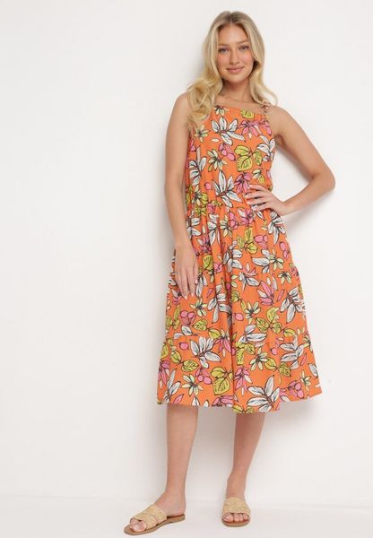 Pomarańczowa Sukienka Mennotia. Brązowe sukienki Born2be, na co dzień, l, bez wzorów, eleganckie, bez kołnierzyka, bez ramiączek, midi, proste. Za 99.99 zł.