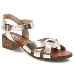 Złote Sandały Armodo Stylowe Obuwie Damskie. Żółte sandały Armodo, z aplikacjami, eleganckie, bez obcasa, na obcasie, bez zapięcia. Za 233.99 zł.
