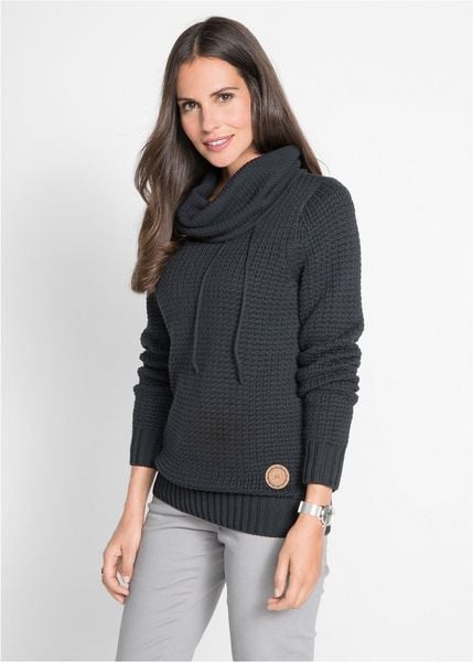 Sweter z golfem z troczkami. Czarne golfy bonprix, z aplikacjami, ze skóry, bez ramiączek. Za 114.99 zł.