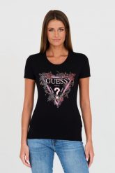 GUESS Czarny damski t-shirt bawełniany z logo, Rozmiar S. Czarne t-shirty Guess, s, z aplikacjami, z bawełny, bez kołnierzyka, bez ramiączek. W wyprzedaży za 169.99 zł.