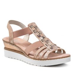 Sandały Rieker. Czerwone sandały Rieker, bez wzorów, bez obcasa, na koturnie, bez zapięcia. Za 299.99 zł.