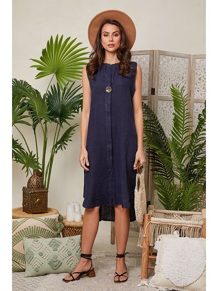 Lin Passion Lniana sukienka w kolorze granatowym rozmiar: 38/40. Niebieskie sukienki Lin Passion, bez wzorów, ze lnu, klasyczne, bez kołnierzyka, bez ramiączek, midi. Za 176.08 zł.