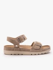 Ciemnobeżowe sandały na grubszym spodzie z dwoma paskami. Brązowe sandały Ryłko, bez wzorów, ze skóry, casualowe, z okrągłym noskiem, bez obcasa, bez zapięcia. Za 399.99 zł.