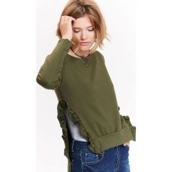 BLUZA NIEROZPINANA DAMSKA Z OZDOBNYMI ROZCIĘCIAMI I FALBANKAMI PO BOKACH. Brązowe bluzy TROLL, na jesień, s, bez wzorów, z dresówki, bez kaptura. W wyprzedaży za 39.99 zł.