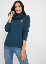 Sweter z dzianiny o splocie drobnych oczek, z szerokim golfem. Niebieskie golfy bonprix, bez wzorów, z dzianiny, bez ramiączek. Za 97.99 zł.