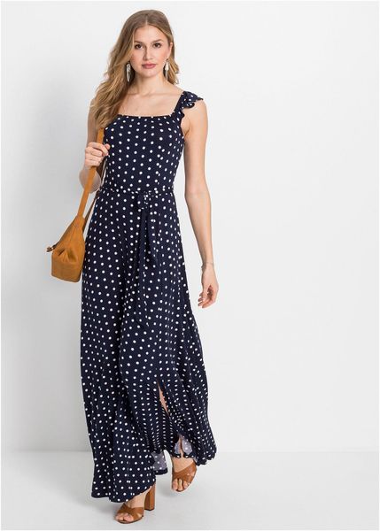 Długa sukienka z lejącej wiskozy. Niebieskie sukienki bonprix, bez wzorów, z wiskozy, bez kołnierzyka, bez ramiączek, maxi. Za 149.99 zł.