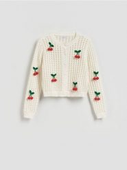 Kardigan z naszywanymi aplikacjami - kremowy. Białe kardigany Reserved, l, z aplikacjami, z bawełny. Za 139.99 zł.