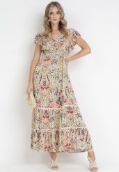 Beżowa Rozkloszowana Sukienka Maxi z Marszczoną Gumką w Pasie i Falbanami z Wiskozy Wilsey. Brązowe sukienki Born2be, na imprezę, m, bez wzorów, z wiskozy, bez kołnierzyka, bez ramiączek, maxi, rozkloszowane. Za 89.99 zł.