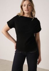 Czarny Bawełniany T-shirt z Marszczeniem w Talii i Dekoltem w Łódkę Savorith. Czarne t-shirty Born2be, m, bez wzorów, z bawełny, bez kołnierzyka, bez ramiączek. Za 59.99 zł.