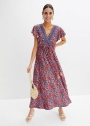 Długa sukienka z dżerseju z nadrukiem. Czerwone sukienki bonprix, bez wzorów, z dżerseju, bez kołnierzyka, bez ramiączek, maxi. Za 169.99 zł.