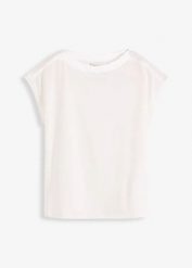 T-shirt z satynowym karczkiem. Białe t-shirty bonprix, bez wzorów, z satyny, bez kołnierzyka, bez ramiączek. Za 102.99 zł.