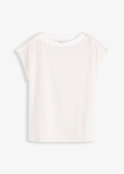 T-shirt z satynowym karczkiem. Białe t-shirty bonprix, bez wzorów, z satyny, bez kołnierzyka, bez ramiączek. Za 102.99 zł.