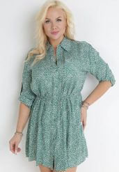Zielona Koszulowa Sukienka Mini z Materiałowym Paskiem i Podpinanymi Rękawami Eleandia. Zielone sukienki Born2be, na lato, l, bez wzorów, z materiału, bez kołnierzyka, plus size, bez ramiączek, mini, koszulowe. Za 34.99 zł.