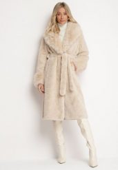 Beżowy Futerkowy Płaszcz z Szerokim Kołnierzem i Mankietami z Wiązanym Paskiem Viaruna. Brązowe płaszcze Born2be, l, bez wzorów, z dzianiny, bez kaptura. Za 309.99 zł.