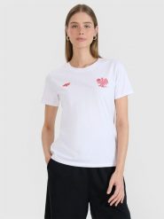 4F Koszulka kibica damska - biała XXL. Białe bluzki 4f, s, bez wzorów, z bawełny, klasyczne, bez kołnierzyka, bez ramiączek. Za 49.99 zł.