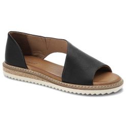 Sandały damskie Artiker, wykonane ze skóry naturalnej licowej z odkrytym przodem szerokimi paskami po bokach i przeszyciem wokół podeszwy, czarne, 46. Czarne sandały Artiker, bez wzorów, z jeansu, klasyczne, z otwartym noskiem, bez obcasa, na platformie, bez zapięcia. Za 229.00 zł.