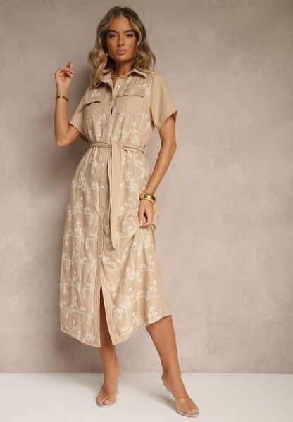 Beżowa Koszulowa Sukienka z Wiązanym Paskiem Zdobiona Haftem Malinnessa. Brązowe sukienki Renee, na co dzień, l, z aplikacjami, eleganckie, bez kołnierzyka, bez ramiączek, maxi, koszulowe. Za 139.99 zł.