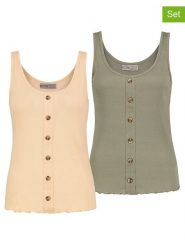 Stitch & Soul Topy (2 szt.) w kolorze oliwkowym i brzoskwiniowym rozmiar: XS. Pomarańczowe topy Stitch & Soul, xs, bez wzorów, prążkowane, bez kołnierzyka, bez ramiączek. Za 74.81 zł.