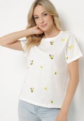 Biały T-shirt z Bawełny Ozdobiony Haftem Hiraviel. Białe t-shirty Born2be, m, bez wzorów, z bawełny, bez kołnierzyka, bez ramiączek. W wyprzedaży za 55.24 zł.