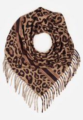 Ciemnobrązowy Wiskozowy Szalik w Panterkę Wykończony Frędzlami Alefera. Brązowe szaliki Renee, bez wzorów, z jeansu. Za 39.99 zł.