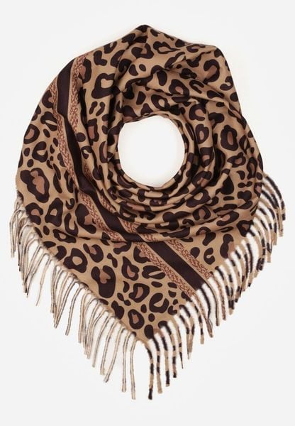 Ciemnobrązowy Wiskozowy Szalik w Panterkę Wykończony Frędzlami Alefera. Brązowe szaliki Renee, bez wzorów, z jeansu. Za 39.99 zł.