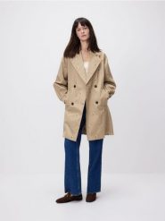 Płaszcz z haftem - beżowy. Brązowe płaszcze Reserved, l, bez wzorów, z bawełny, bez kaptura. Za 359.99 zł.