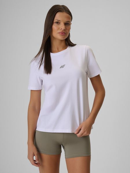 4F T-shirt regular gładki damski - biały S. Białe koszulki sportowe 4f, bez wzorów, z materiału, bez ramiączek, na fitness i siłownię. Za 49.99 zł.