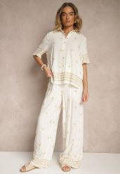 Biało-Beżowy Wiskozowy Komplet Oversize z Haftem Koszula i Spodnie Iffussa. Białe koszule Renee, l, bez wzorów, z materiału, eleganckie, bez kołnierzyka, bez ramiączek. Za 119.99 zł.