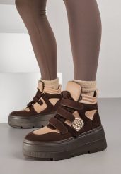 Beżowo-Brązowe Botki Vices w Stylu Sneakersów na Platformie Afirriva. Brązowe botki Born2be, z aplikacjami, z jeansu, bez obcasa, na platformie, bez zapięcia. Za 139.99 zł.