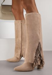 Ciemnobeżowe Kozaki na Słupku z Wywiniętą Cholewką z Frędzlami Linadela. Brązowe kozaki Born2be, z jeansu, bez obcasa, na obcasie, bez zapięcia. Za 179.99 zł.